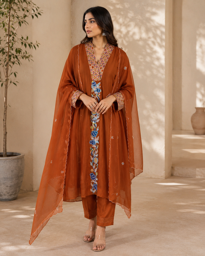 Aavriti Neelambara Rust Mul Chanderi Stitched Suit Set with Designer Neck, Hand Embroidery & Silk Pants