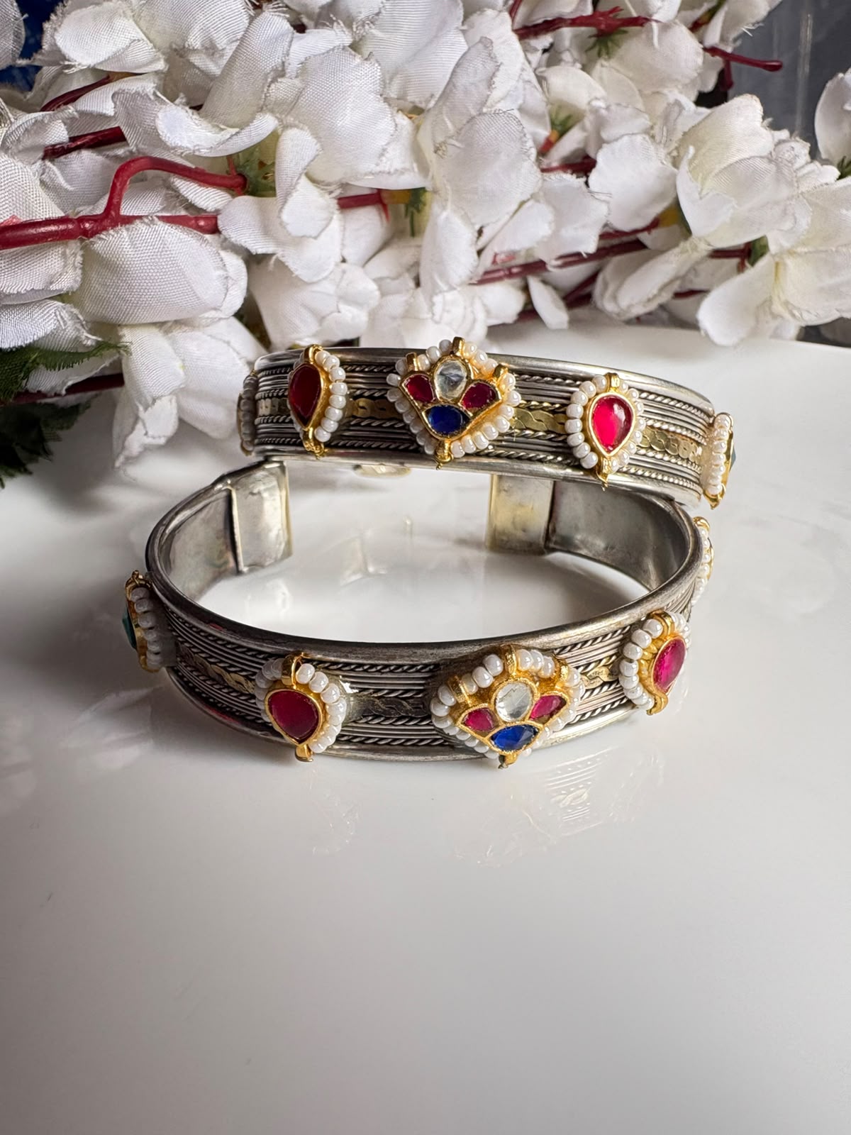 Vaidehi Premium Dual Tone German Silver Kundan Fusion Flexible Handcuff Kada for Women | Adjustable Brass Cuff Bracelet