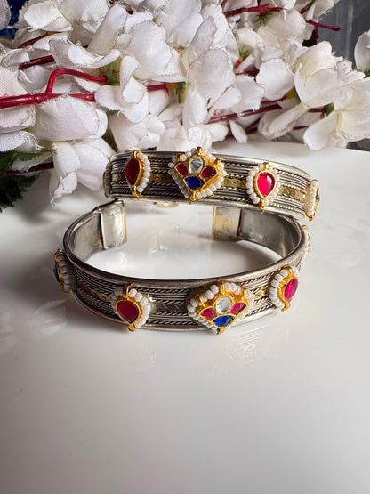 Vaidehi Premium Dual Tone German Silver Kundan Fusion Flexible Handcuff Kada for Women | Adjustable Brass Cuff Bracelet