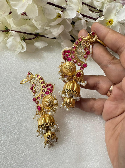 Mayura Ratnavalli Heritage Ear Cuffs
|Temple Gold Long Designer Jhumka Ear Cuffs with Intricate Filigree & Pearl Drops - Alankrent Luxe