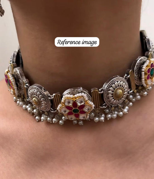 Noorava Dual Tone Kundan Choker Necklace Set With Earrings Limited Edition by Alankrent