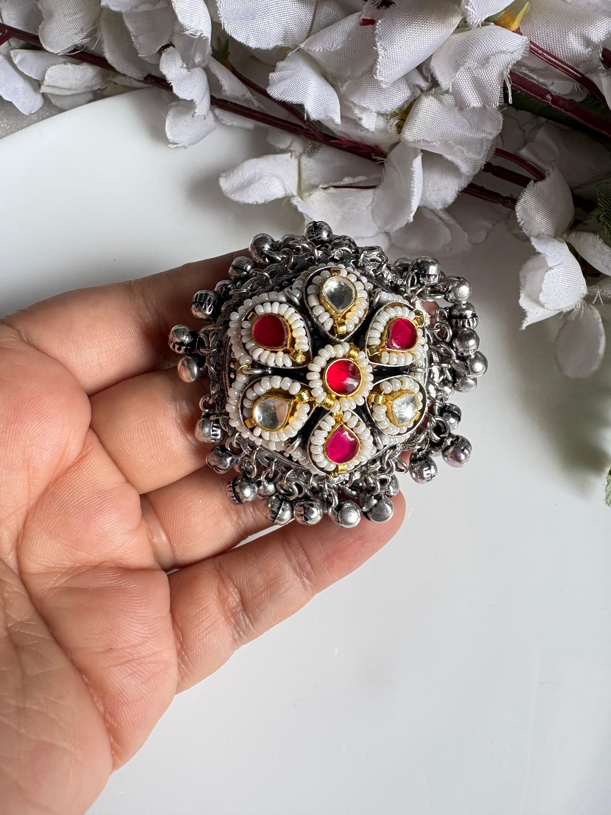 Zilmil Kundan Ring | Silver Tone Ghungroo Statement Ring for Women