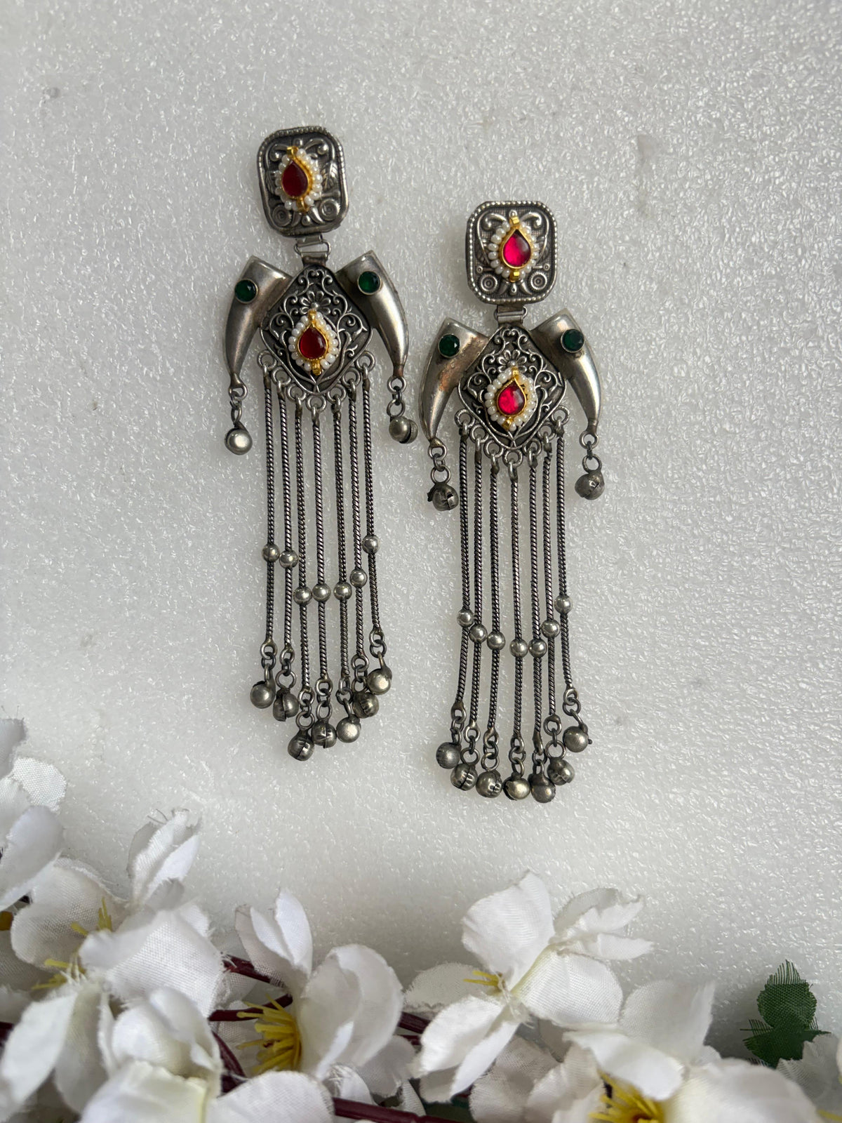 Zareen Kashmiri Tassel Statement Earrings
Handcrafted Antique Silver Long Earrings | Kundan & Pearl Tassel Earrings | Heritage Tribal Jewellery
