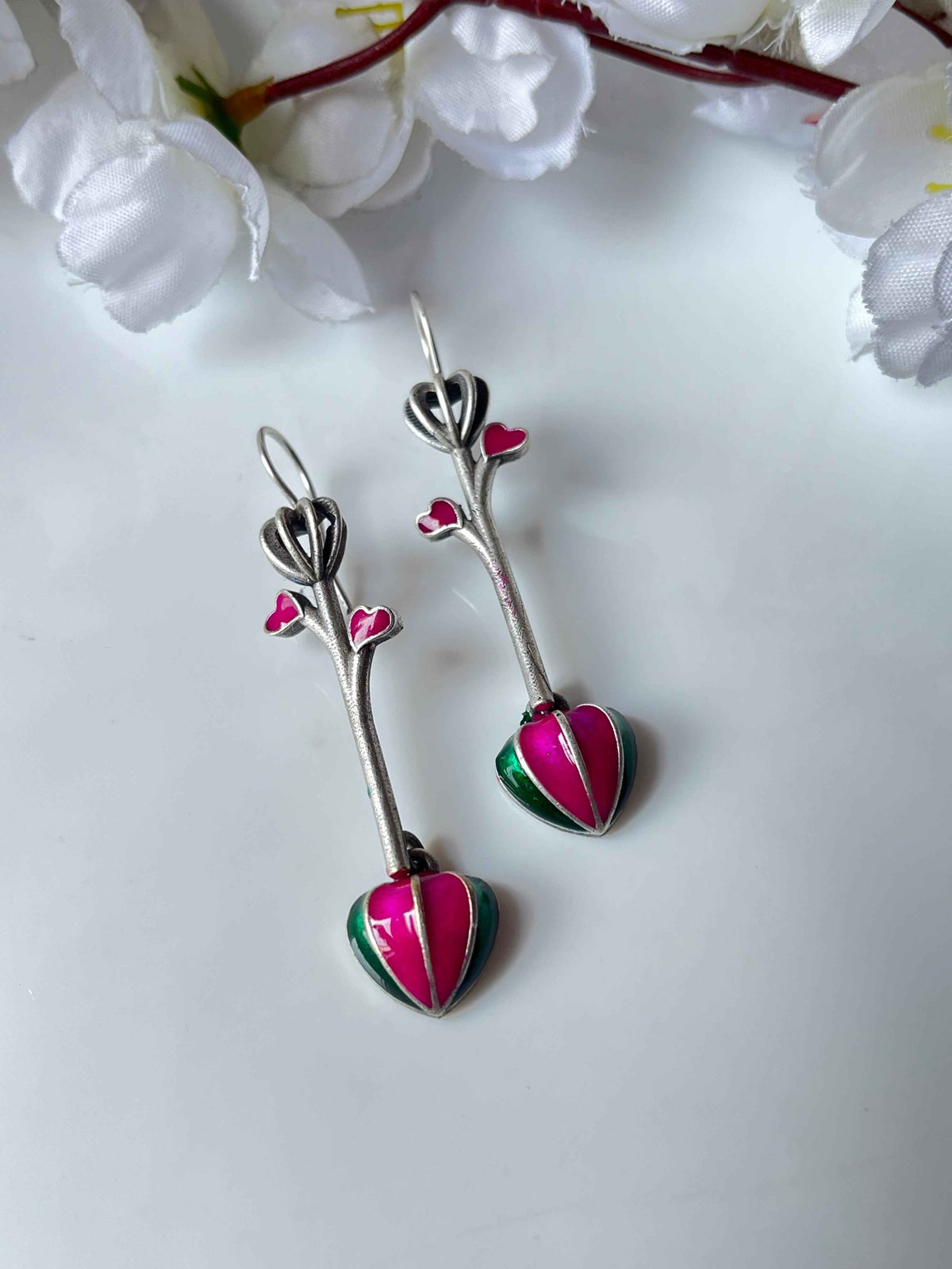 Hand Painted Hook Earrings Dual Tone Heart Drop Earrings Red Green Pink Black Variants Alankrent
