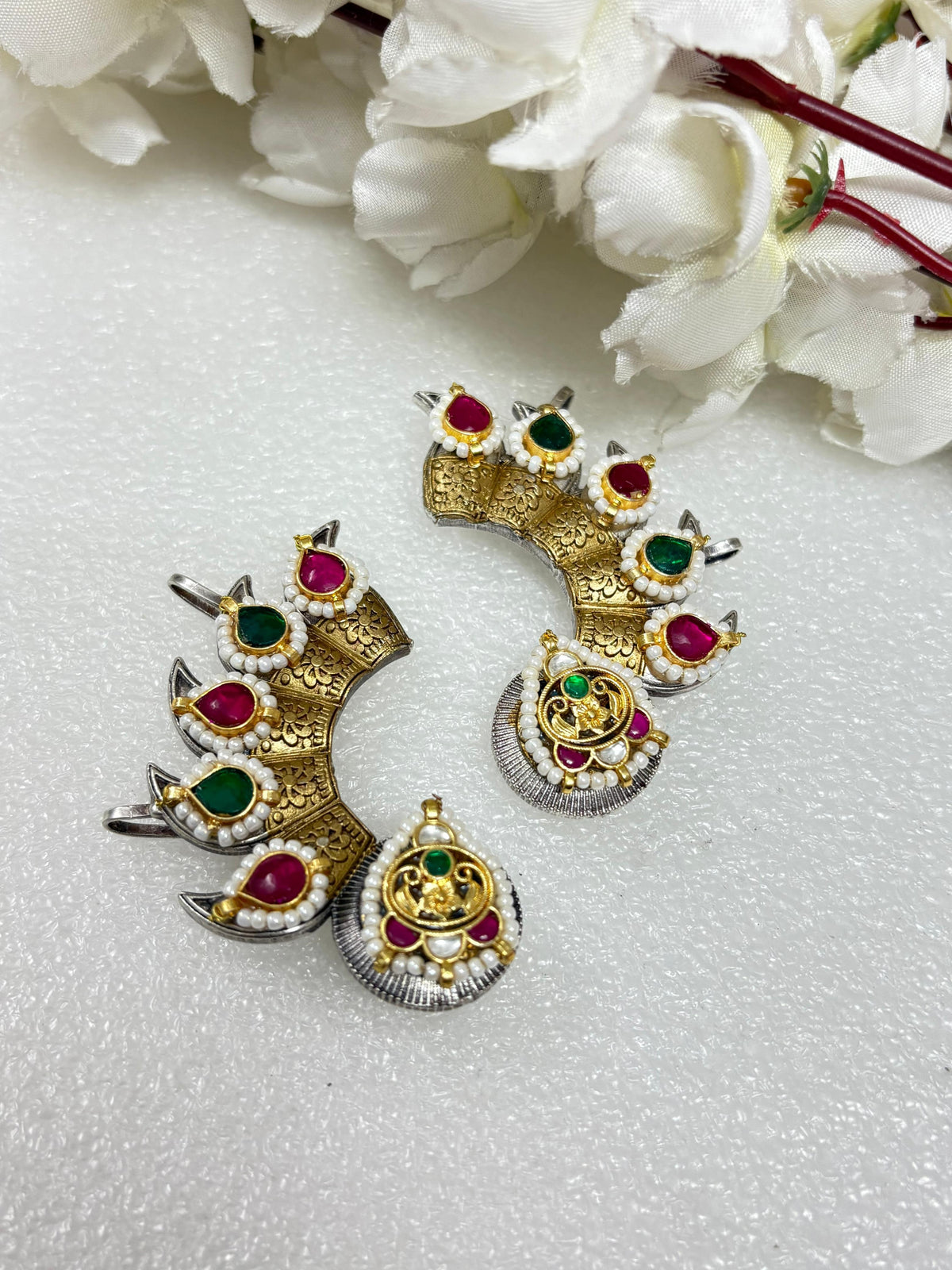 Kundan Fusion Silver Look A Like Dualtone Earcuffs  Design 3 by Alankrent