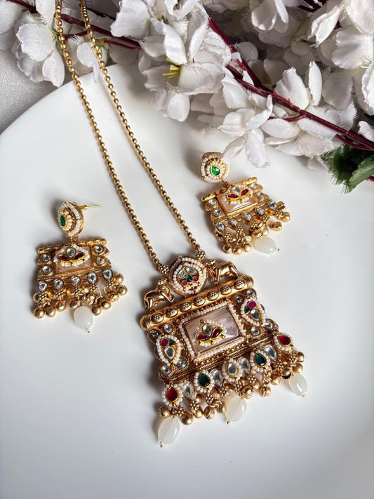 SheeshMahal Noor Premium Apala Polish Long Necklace Set | Kundan Fusion Statement Necklace with Earrings