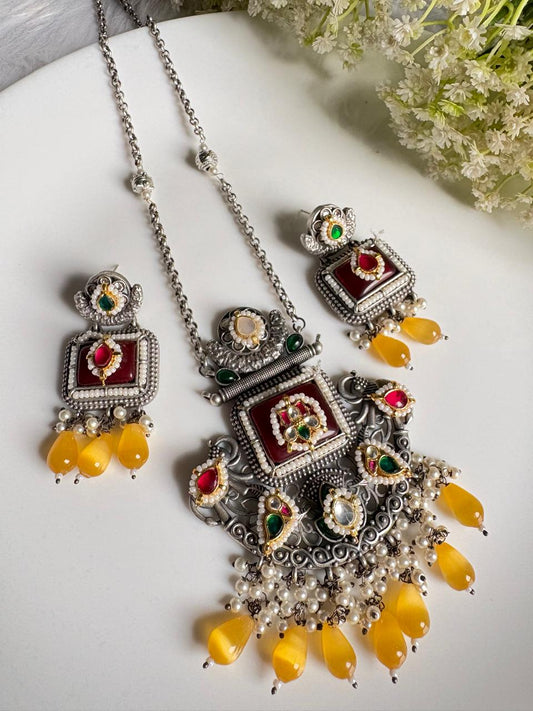 Meherika Kundan Fusion Long Necklace Set | Dual-Tone SLA Necklace with Kundan Earrings