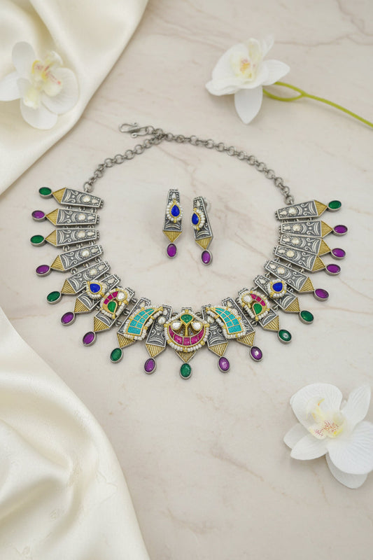 Rajwada Arch German Silver Neck Hugging Choker Set with Earrings | Dual Tone Kundan Fusion Statement Necklace for Women