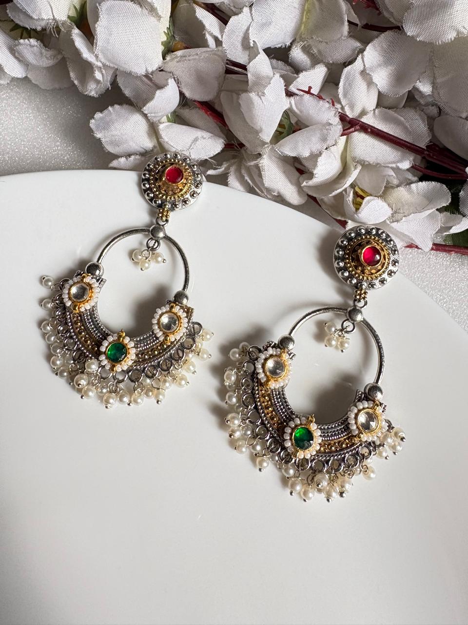 Mrigakshi Dual Tone Fusion Pachi Kundan Chandbali Earrings | Premium Brass Pearl Chandbali Earrings | Alankrent Luxe