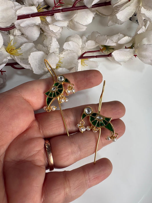 Mayuri Pakhi SLA Needle Earrings – Handcrafted Bird Motif Kundan Fusion Pearl Earrings