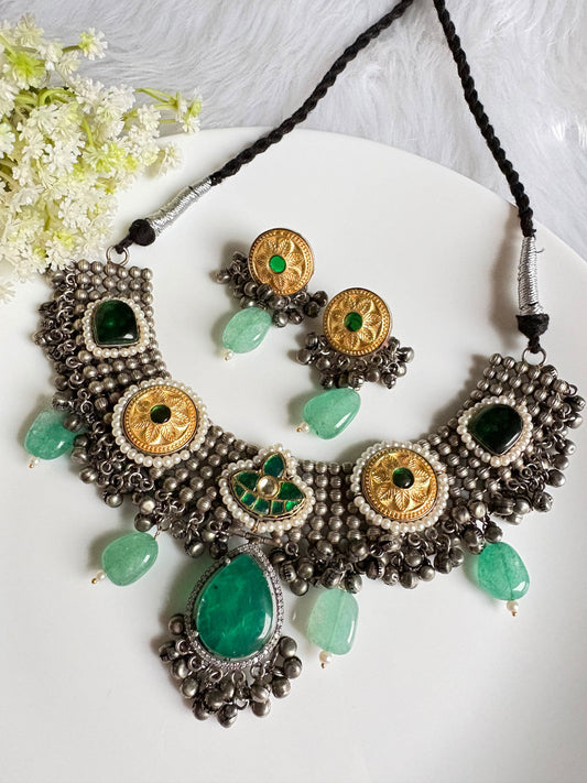 Rajasi Mayura Dual-Tone Choker | Kundan Fusion Dual Tone Choker Necklace Set with Earrings | SLA Silver Lookalike Polish