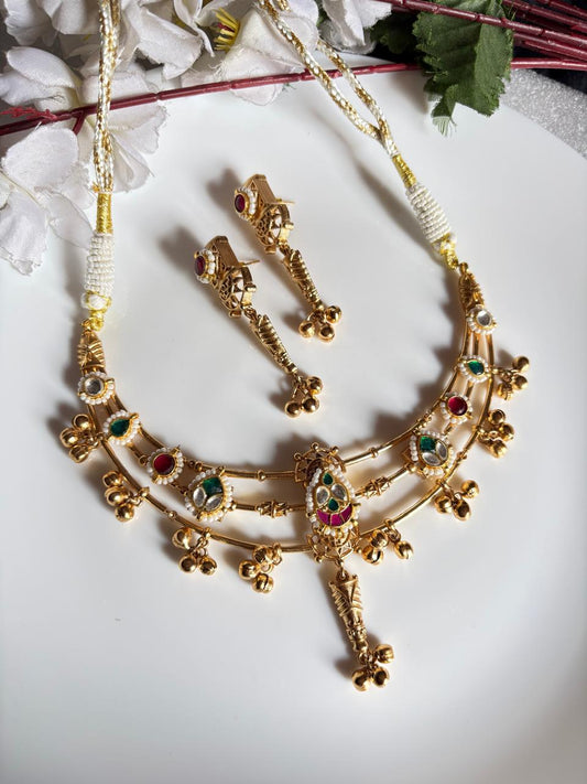Gold Matt Hasli Necklace with Kundan Fusion and Long Earrings – Festive Jewellery – Handcrafted Indian Kundan Jewellery | Premium Statement Necklace Set Online - Alankrent Luxe