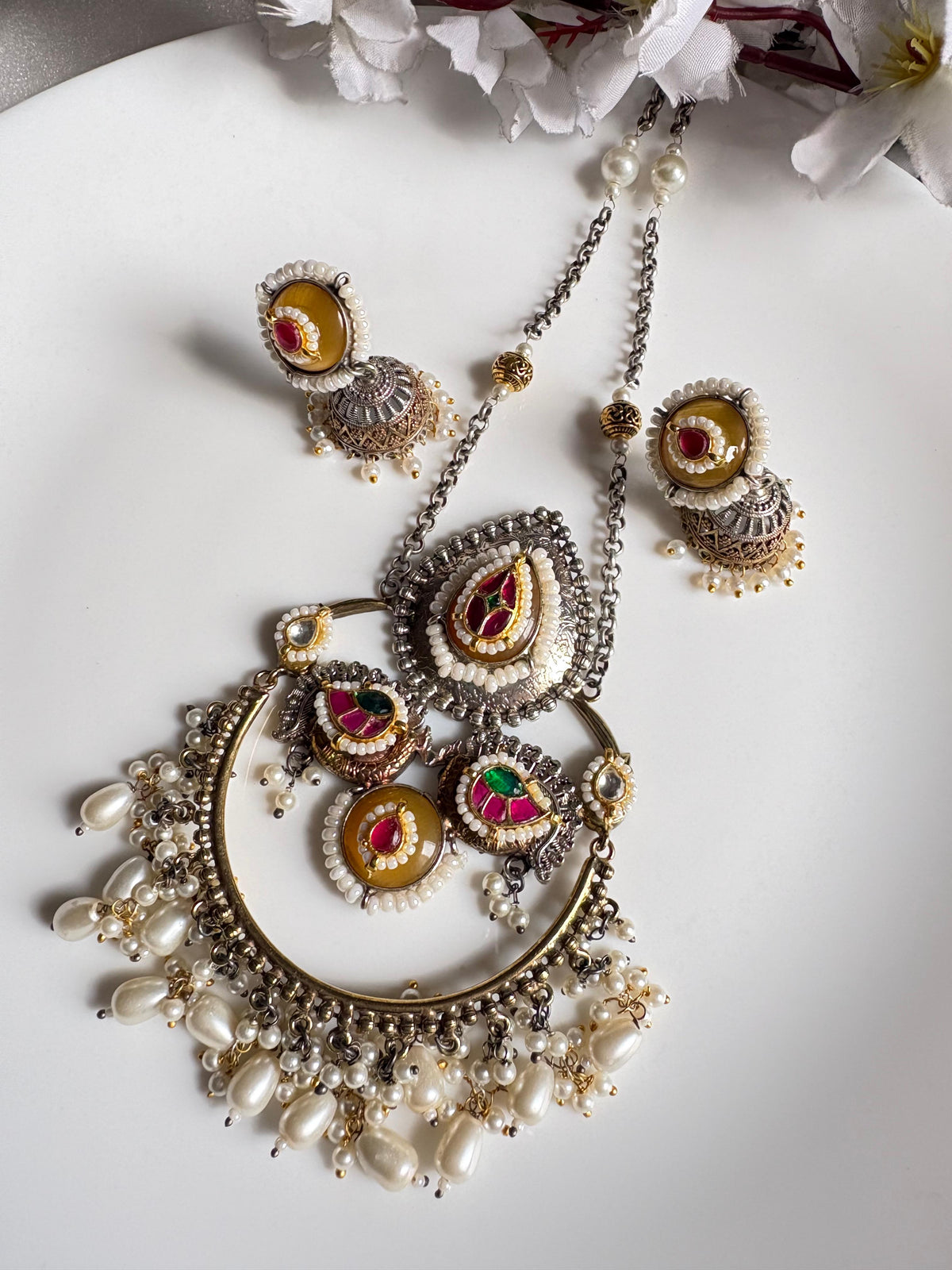Mrinalini SLA Dualtone Long Necklace Set with Kundan Fusion & Pearl Drops