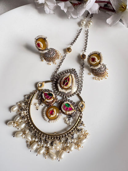 Mrinalini SLA Dualtone Long Necklace Set with Kundan Fusion & Pearl Drops