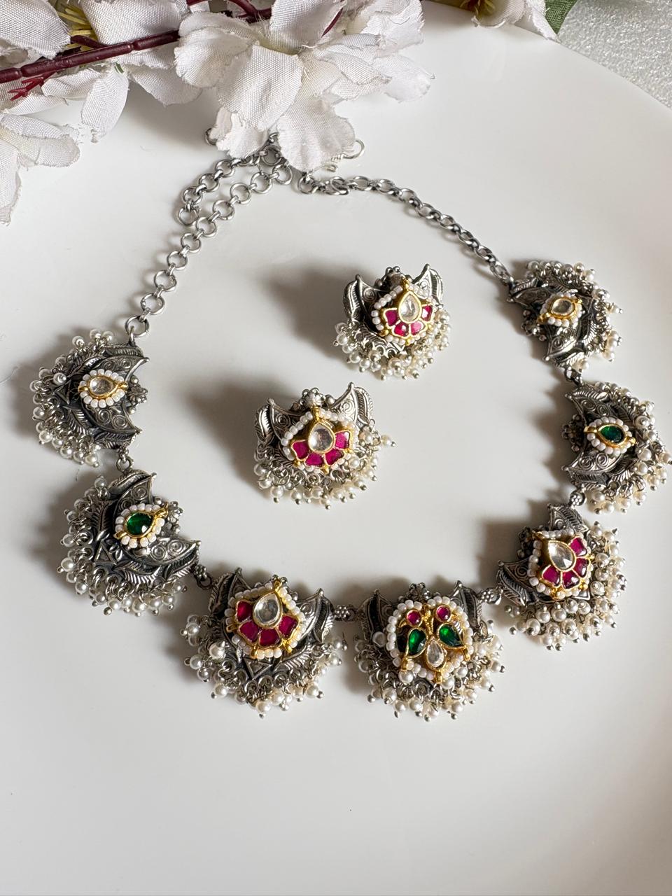 Premium SLA Kundan Necklace Set with Earrings | Silver Look Alike Finish Bridal Jewellery  Ready Stock | Alankrent | AK-20260111-PC11 by Alankrent