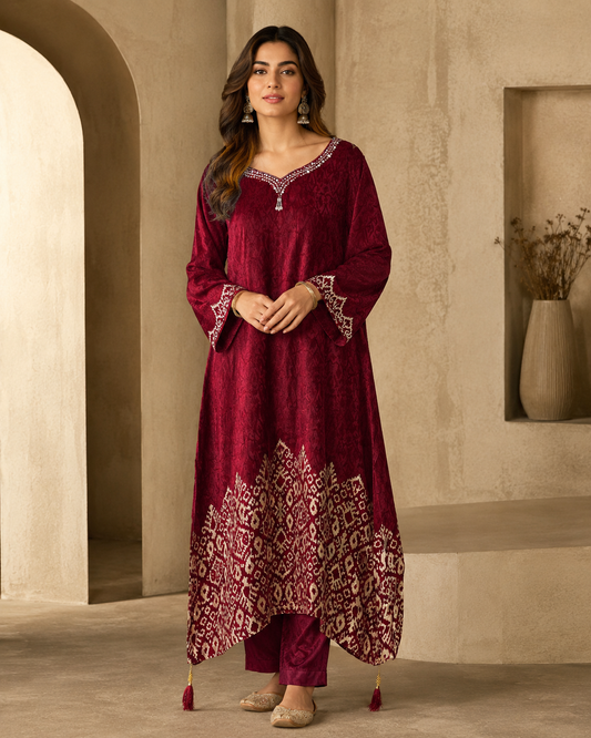 Aavriti Raktika Wine Gajji Silk Premium 2-Piece Festive Set with Mirror Handwork & Tassels