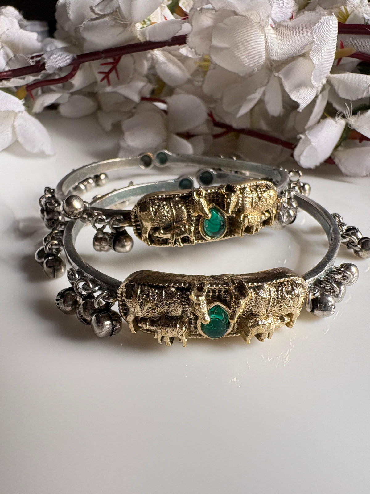 Vrishanandi Nandi Dual Tone Flexible Kada Bangles | Silver Tone Ghungharu Kada for Women | Alankrent Luxe