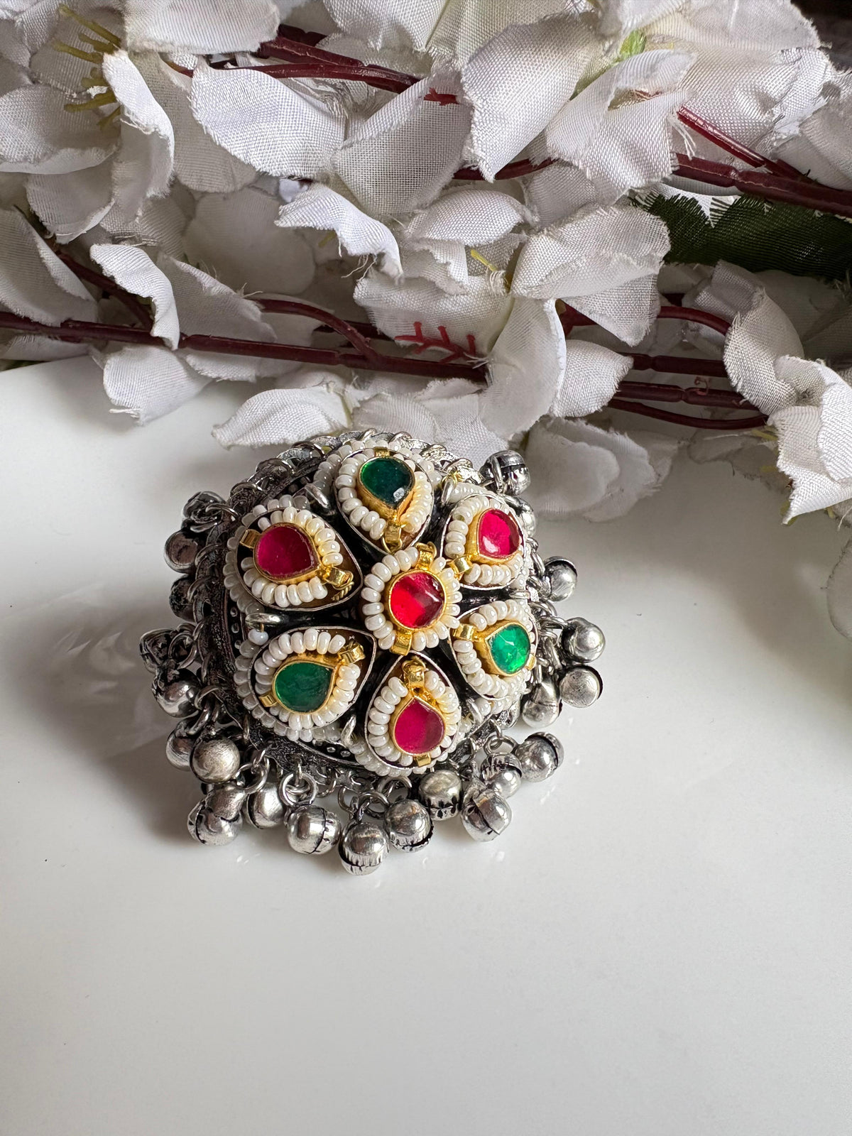 Zilmil Kundan Ring | Silver Tone Ghungroo Statement Ring for Women