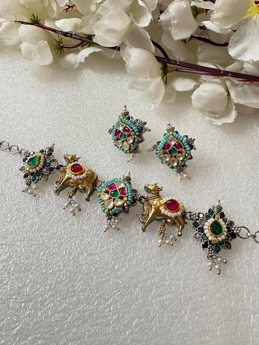 Ready to Ship | Antique Dual Tone Kundan Nandi Choker Set | Silver Look Alike Polish | Handcrafted Brass Base with Multicolour Stones & Pearls  Limited Edition by Alankrent