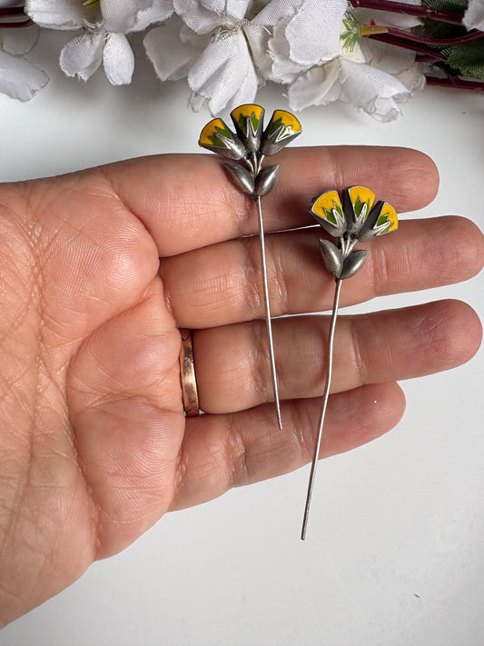 Pushpika Handpainted SLA Needle Earrings | Floral Long Statement Earrings