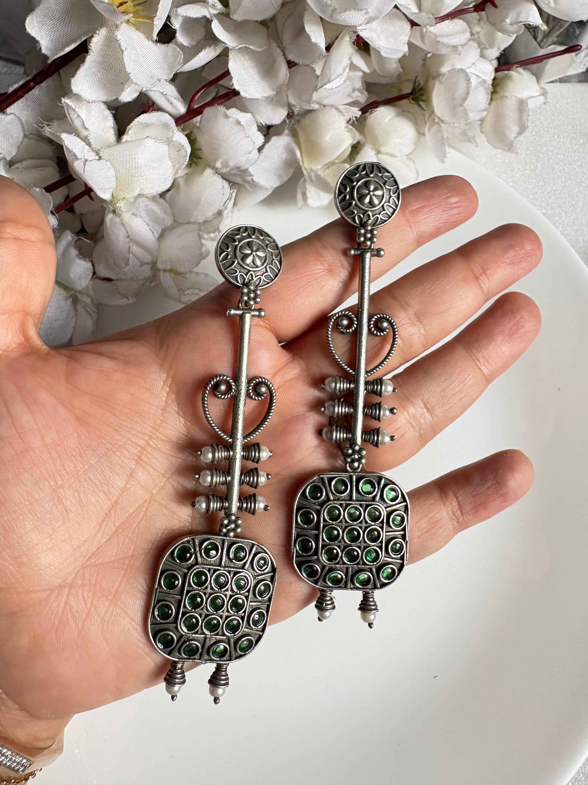Premium Oxidised Long Stone Earrings for Women | Statement Traditional Dangler Earrings | Ethnic Jewellery