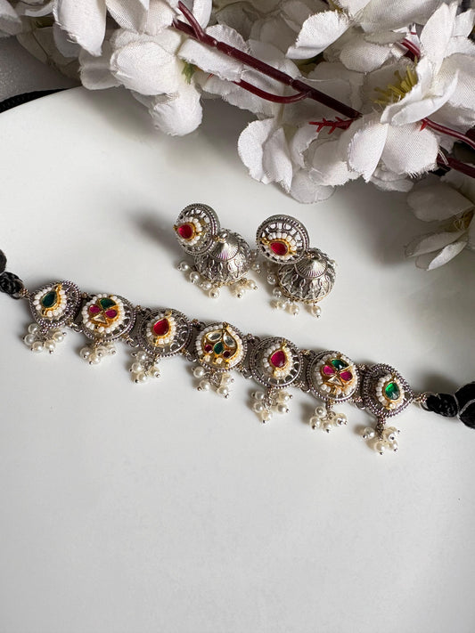 Ratnashree SLA Dual Tone Kundan Fusion Necklace with Jhumka Earrings – Traditional Indian Jewellery Set