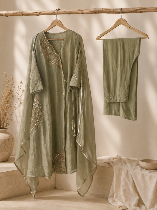Aavriti Rajvanshi Golden Crush Tissue Angrakha Suit Set with Hand Embroidery, Organza Dupatta & Silk Palazzo