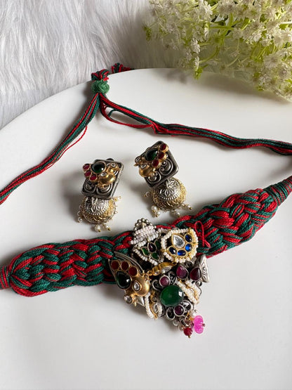 Rinita Kundan Thread Statement Jewellery Set | Pachi Kundan Brass Base Imitation Jewellery for Navratri