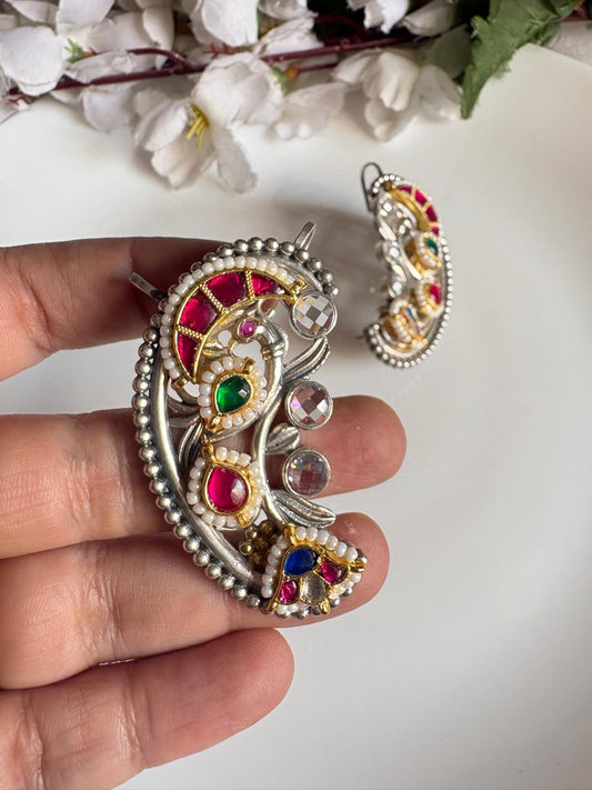 Dualtone Silver Gold Kundan Ear Cuffs | SLA Premium Fusion Statement Earrings | Alankrent Luxe by Alankrent