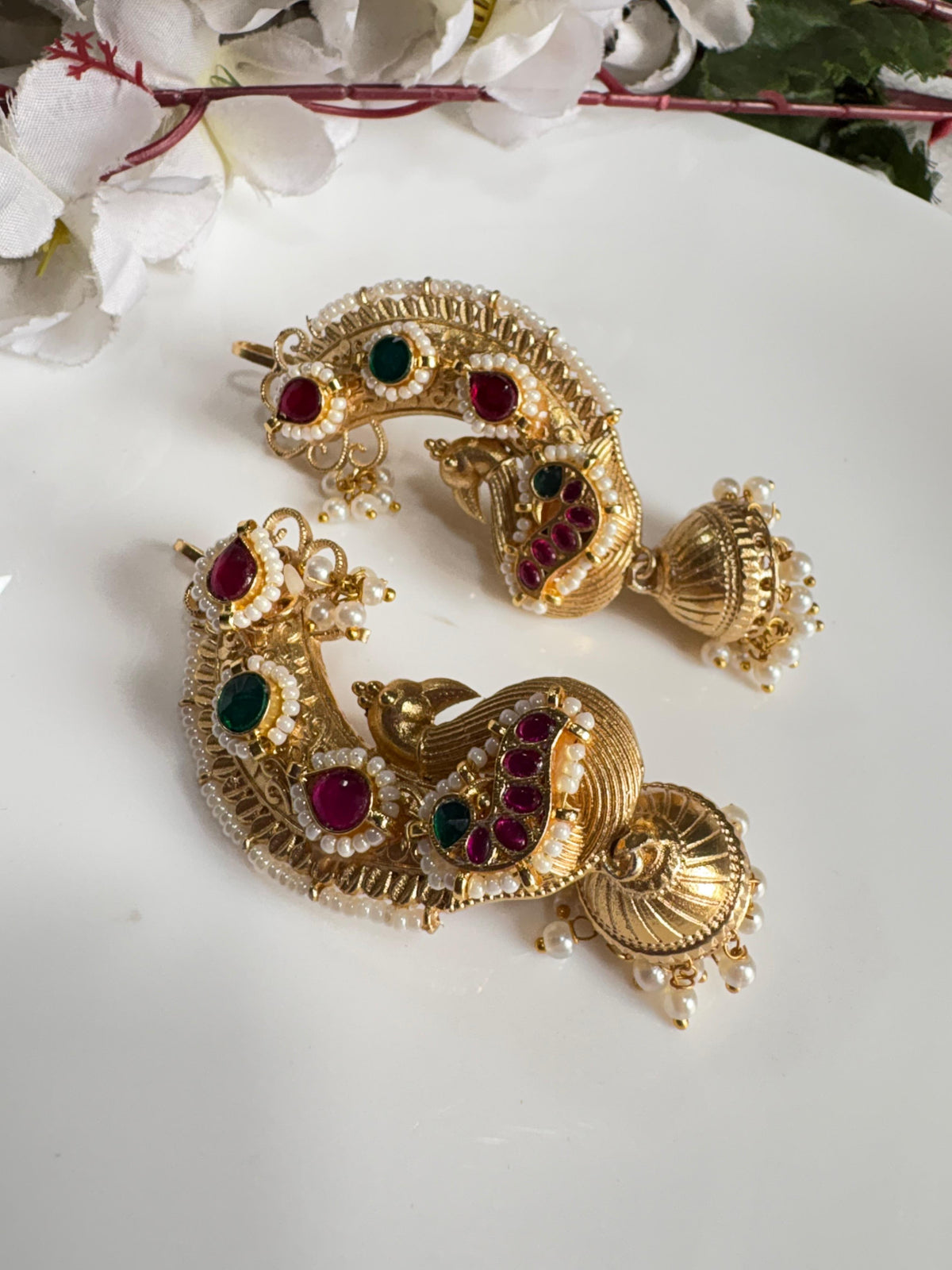 Temple Peacock Kundan Ear Cuffs with Gold Polish & Pearl Jhumka | Bridal Statement Earrings | Alankrent Luxe by Alankrent