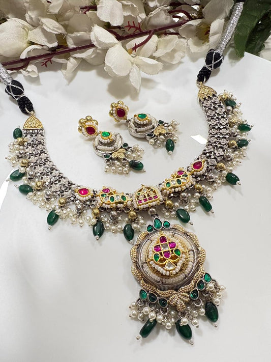 Vanashree Navrang Dual Tone SLA Kundan Necklace Set with Green Drop Beads & Earrings | Premium Ethnic Jewellery  Ready Stock | Alankrent | AK-NV-GD11 by Alankrent