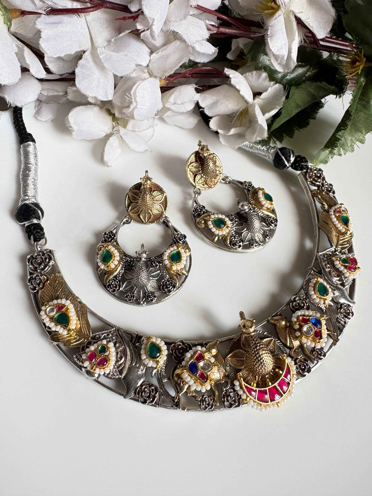 Dual Tone Kundan Necklace Set with Earrings Silver Look Bridal Jewellery India