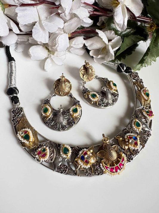 Dual Tone Kundan Necklace Set with Earrings Silver Look Bridal Jewellery India