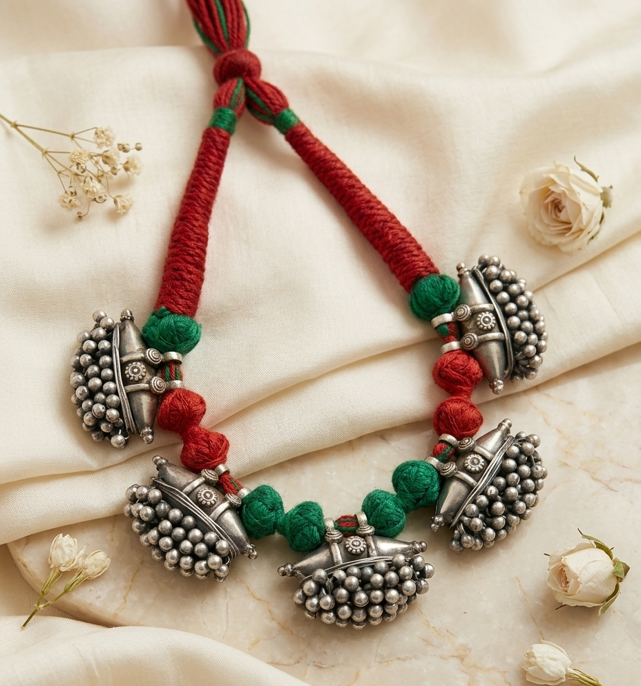 Kaalika Tarang SLA Thread Necklace | Traditional Silver Look SLA Ethnic Indian Jewellery