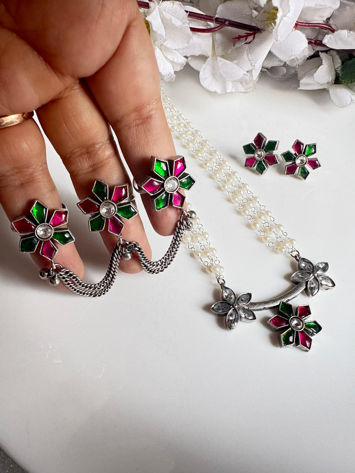 Aaradhya Premium Kundan Jewellery Combo Set | Pearl Necklace, Adjustable Triple Finger Ring & Kundan Tops