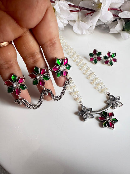 Aaradhya Premium Kundan Jewellery Combo Set | Pearl Necklace, Adjustable Triple Finger Ring & Kundan Tops