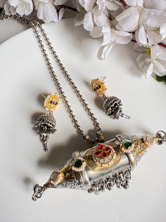 Aarohi SLA Dual Tone Kundan Fusion Long Necklace Set with Jhumka Earrings | Oxidised Silver Look Jewellery