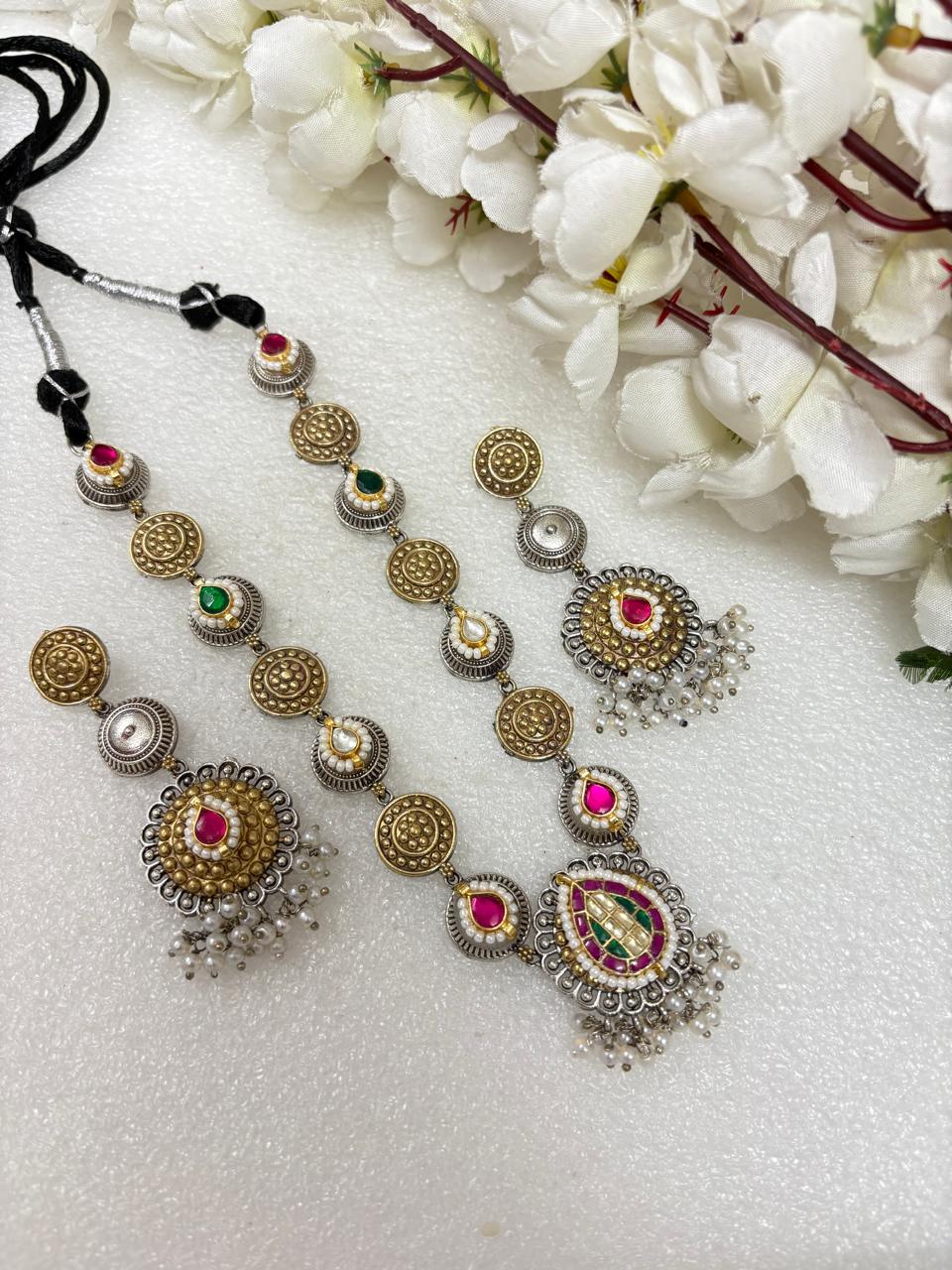 Sutradhara Navrang Coin Dual Tone SLA Kundan Long Necklace Set with Pearl Fringe & Earrings | Premium Ethnic Jewellery  Ready Stock | Alankrent | AK-COIN-LN03 by Alankrent
