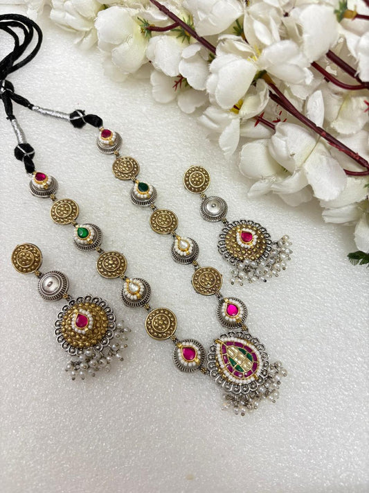 Sutradhara Navrang Coin Dual Tone SLA Kundan Long Necklace Set with Pearl Fringe & Earrings | Premium Ethnic Jewellery  Ready Stock | Alankrent | AK-COIN-LN03 by Alankrent