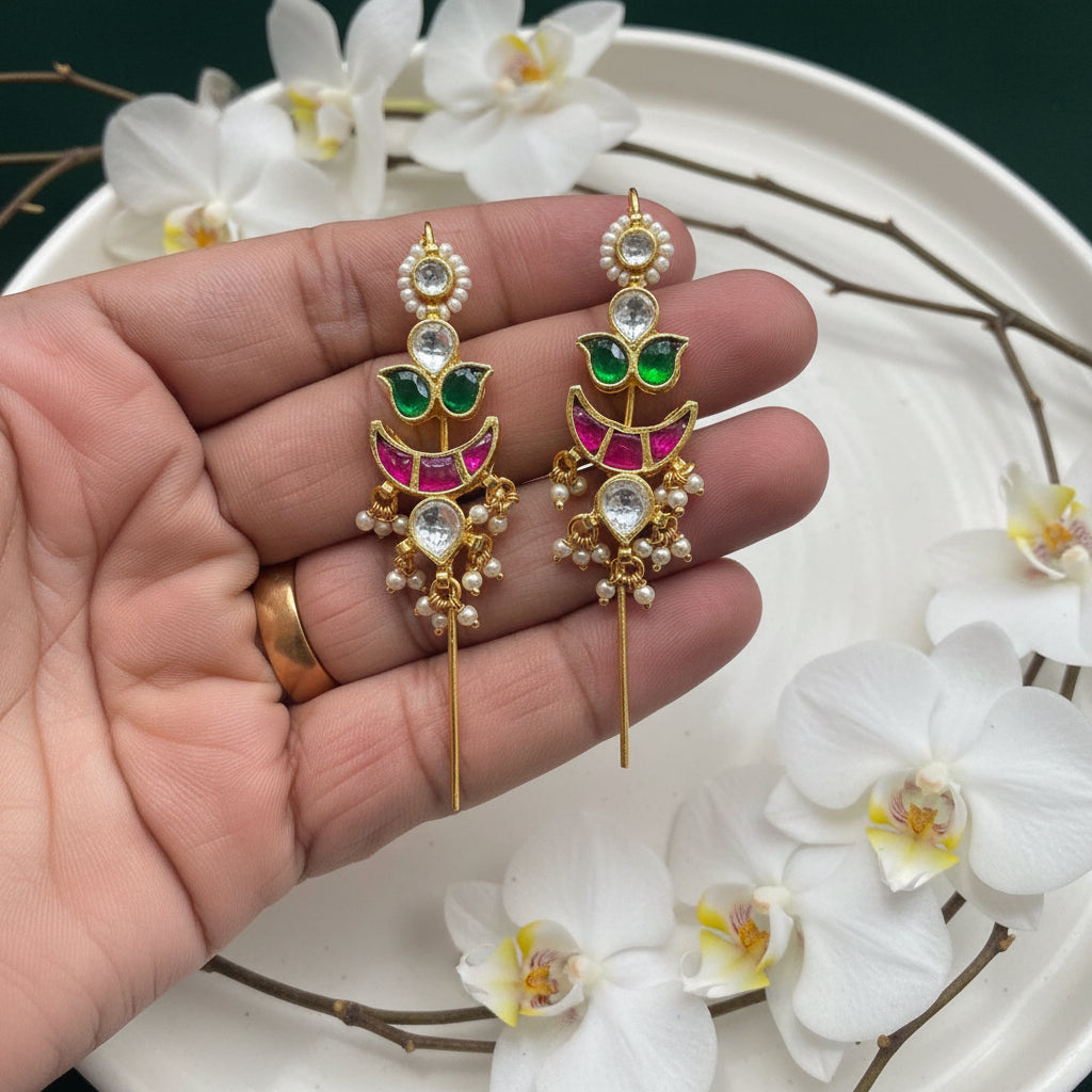 Kundan Needle Earcuffs with Fusion Stones  Bestseller Statement Ear Jewellery  Handcrafted Indian Kundan Jewellery | Premium Statement Necklace Set Online by Alankrent