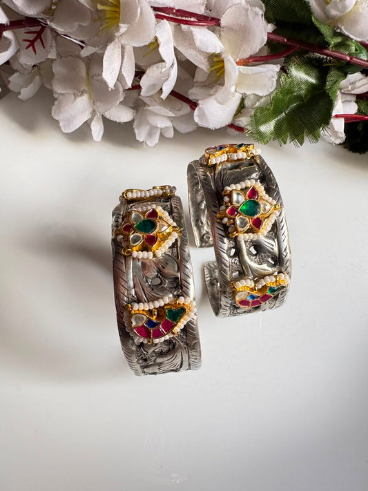Rajshree Premium German Silver Kundan Fusion Flexible Kada | Handcuff Style Brass Bracelet for Women