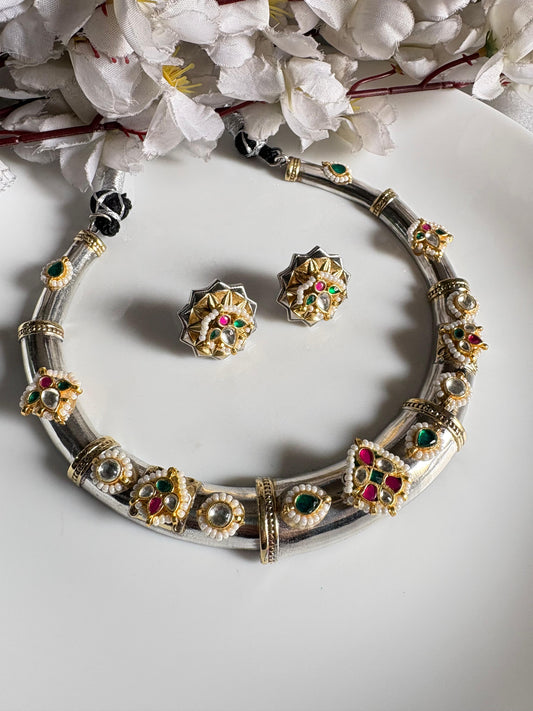 Silver Look Alike Kundan Hasli Necklace Set with Matching Earrings | Brass Base Traditional Statement Jewellery  Limited Edition | Alankrent by Alankrent