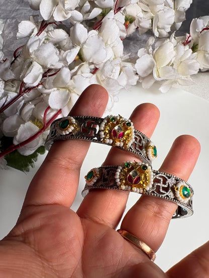 Vaidehi Premium Dual Tone German Silver Kundan Fusion Flexible Handcuff Kada for Women | Adjustable Brass Cuff Bracelet