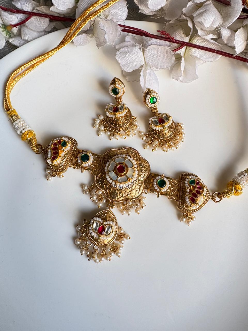 Gold Matt Kundan Fusion Choker Necklace Set With Round Earrings Budget Collection Ready Stock Alankrent Ak Ch by Alankrent