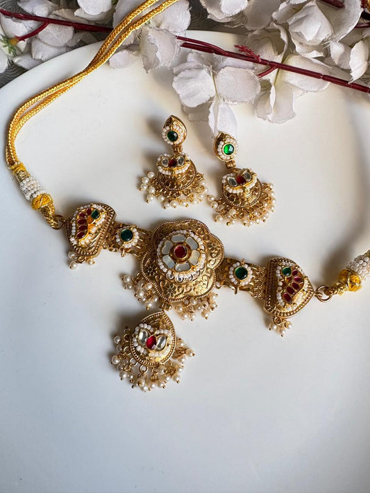 Gold Matt Kundan Fusion Choker Necklace Set With Round Earrings Budget Collection Ready Stock Alankrent Ak Ch by Alankrent