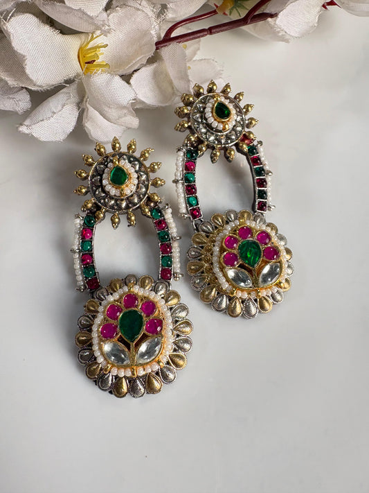 Dual Tone Sla Kundan Fusion Earrings Premium Ethnic Statement Earrings Ready Stock Alankrent Ak Er by Alankrent