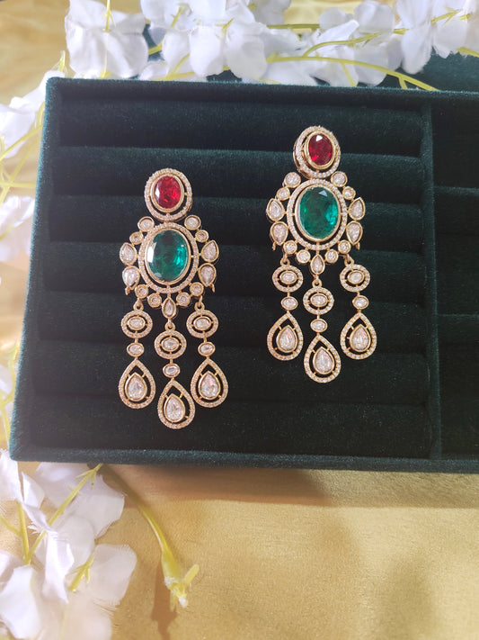 Aabira Polki Kundan Emerald Ruby Statement Drop Earrings Bridal Wedding Jewellery | Premium Indian Jewellery