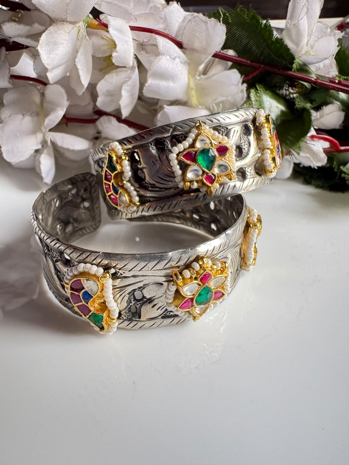 Rajshree Premium German Silver Kundan Fusion Flexible Kada | Handcuff Style Brass Bracelet for Women