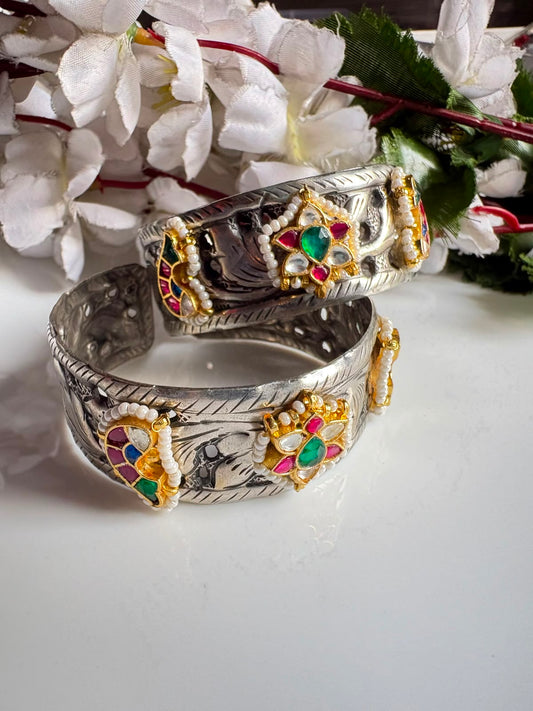 Rajshree Premium German Silver Kundan Fusion Flexible Kada | Handcuff Style Brass Bracelet for Women