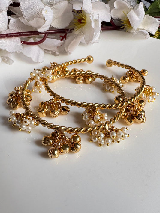Golden Flexible Pearl & Ghungroo Bangles | Adjustable Traditional Bangles for Women (Pair)